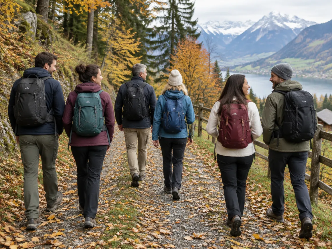 Team unterwegs auf einem Waldweg im Herbst