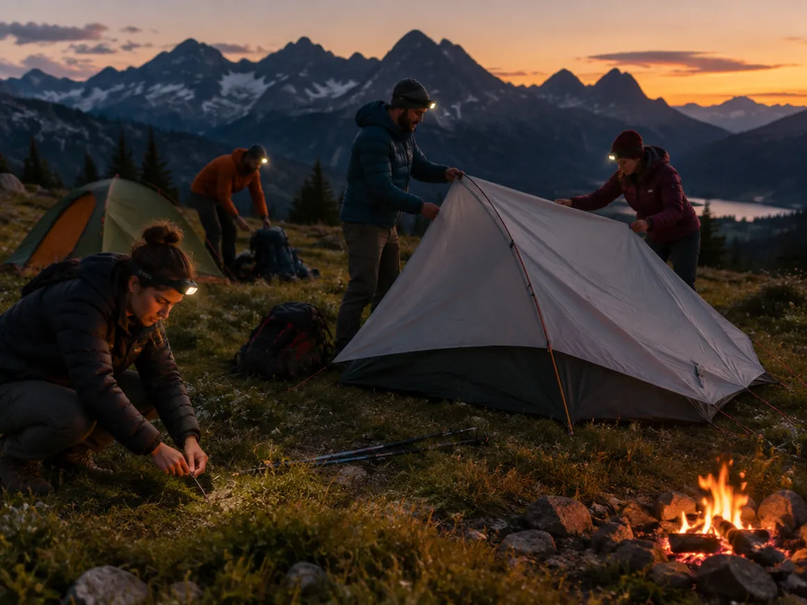 Team baut in der Abenddämmerung ein Lager auf einer Alpwiese auf