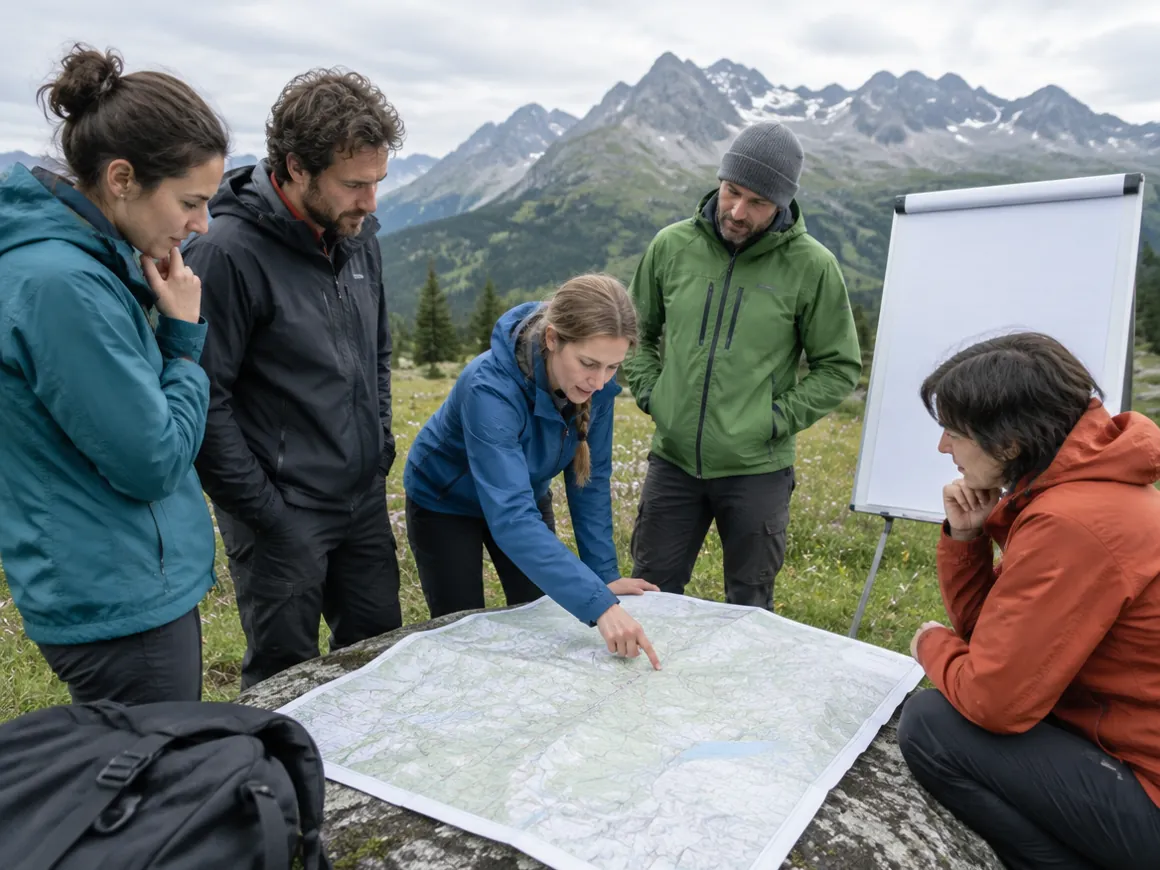 Team plant gemeinsam an Karte und Flipchart vor Bergkulisse