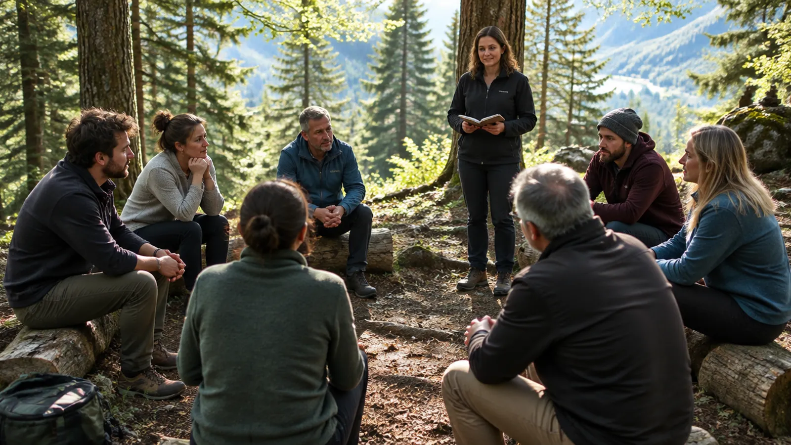 Gruppe im Reflexionskreis auf einer Waldlichtung
